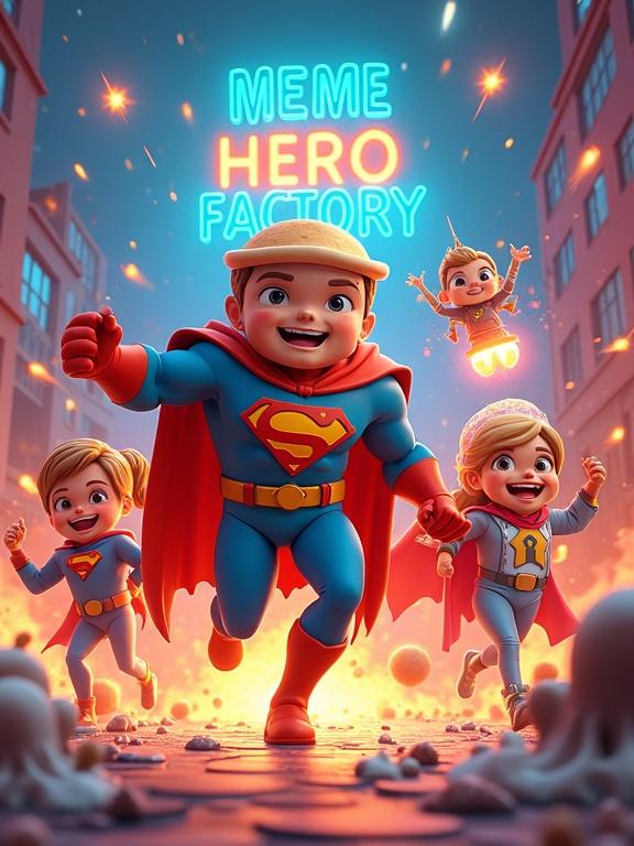 A vibrant cartoon 3D illustration showing absurd superheroes in a surreal background. Characters include Web-Boy with a pancake suit, Star-Girl flying with a glowing cape, Captain Crêpe with a spatula, and Whipcorn the robotic unicorn. Background features comic explosions and a glowing sign saying 'MEME HERO FACTORY.' Style includes colorful graphics and Pixar-style lighting.