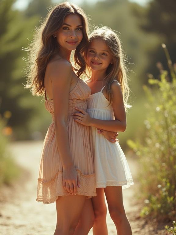 Mother and daughter standing together in a natural setting. Both wearing light sundresses. Mother with long hair. Both smiling at the camera. The background is blurred with greenery. The image has a vintage look, reminiscent of early digital photography.