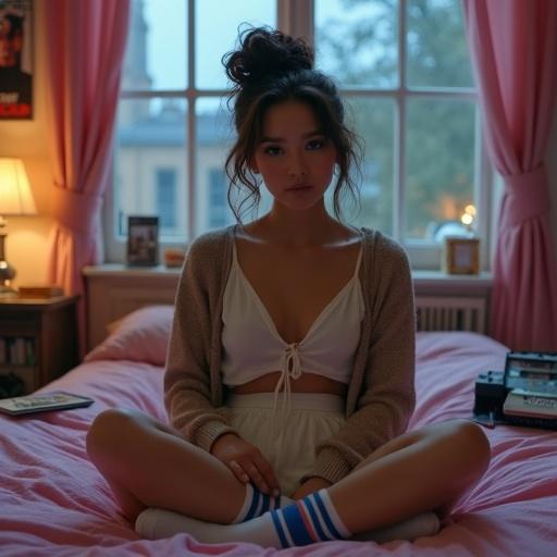 Hyperrealistic photograph depicting a young woman. She is seated on a bed wearing a babydoll top and cardigan. Light brown socks and shorts. Chaotic dorm room in the background with vintage items. The image shows a calm and determined expression. Soft warm lighting enhances the intimate vibe.