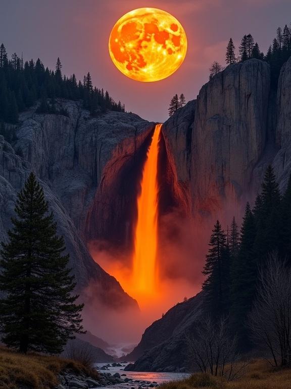 Dramatic natural scene featuring a glowing orange waterfall resembling molten lava. The image shows a large reddish-orange moon directly above the waterfall. The waterfall flows down a steep rocky cliff illuminated by the moonlight. The scene includes dark gray and brown cliffs surrounded by evergreens and deciduous trees. The ground has grass and rocky terrain. The sky exhibits a gradient of deep purple and gray with faint clouds.