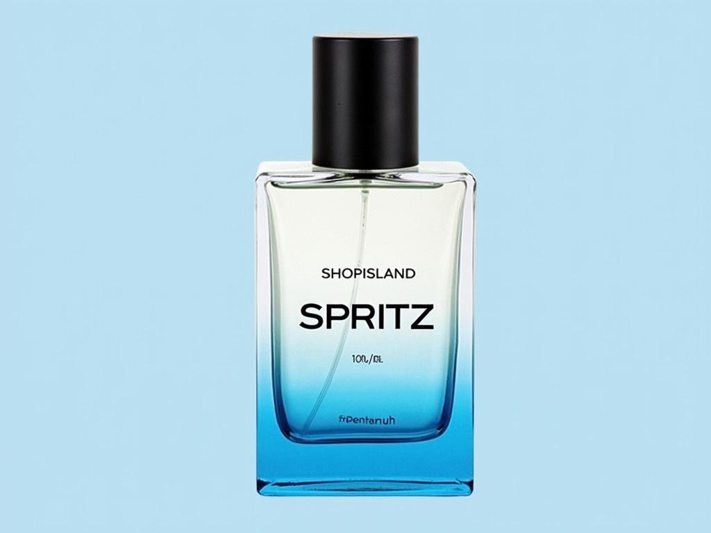 The image shows a bottle of perfume. The bottle has a sleek, rectangular shape and features a gradient color, transitioning from clear to a deep blue at the bottom. On the front of the bottle, the words "SHOPISLAND" and "SPRITZ" are prominently displayed, along with the capacity of 100ml and the word "Perfume". The cap is black and has a smooth finish. The overall design gives a fresh and modern look, suitable for a scented product.