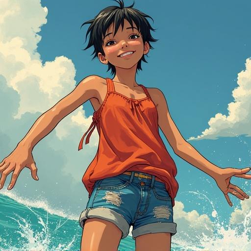 Cheerful young girl standing by the ocean with a smile. She has short hair and wears a casual outfit suited for summer. Waves crash in the background.