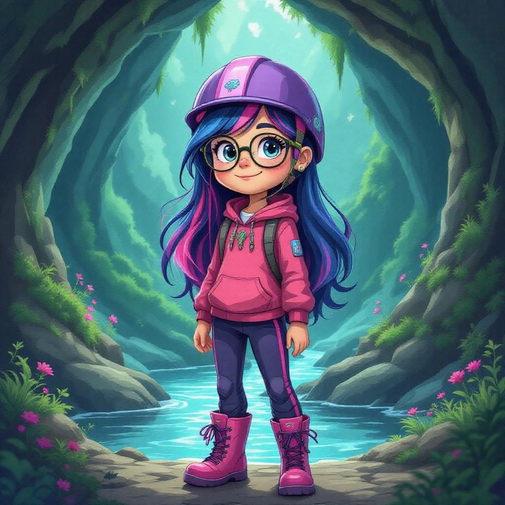 Human girl on geography field trip in a cave. She has navy-blue hair with pink and purple stripe. Wearing purple helmet, pink hoodie and pants, pink wellies. Background shows a river and greenery.