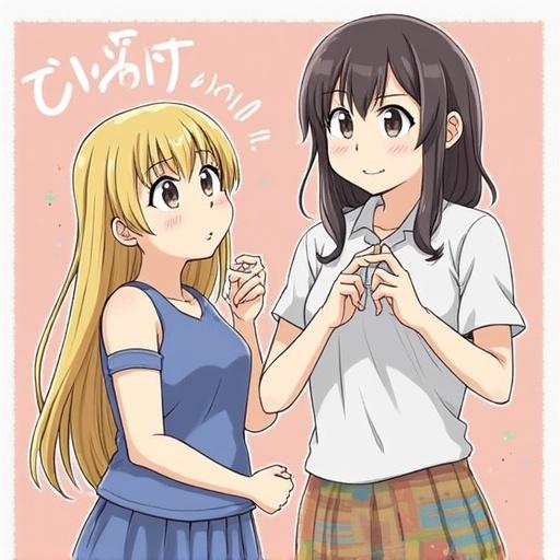 Two anime-style girls interacting joyfully. One girl has long blonde hair, the other has dark brown hair. A light pink background adds a cheerful touch.