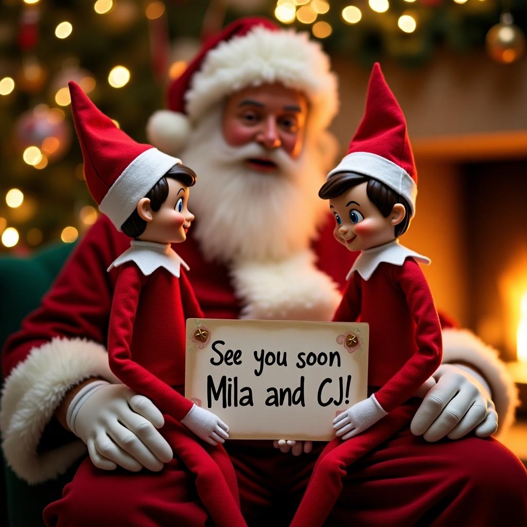 Santa holds a sign with two elves. Elves are dressed in red and white. Room decorated with Christmas lights. Sign says 'See you soon Mila and CJ!'