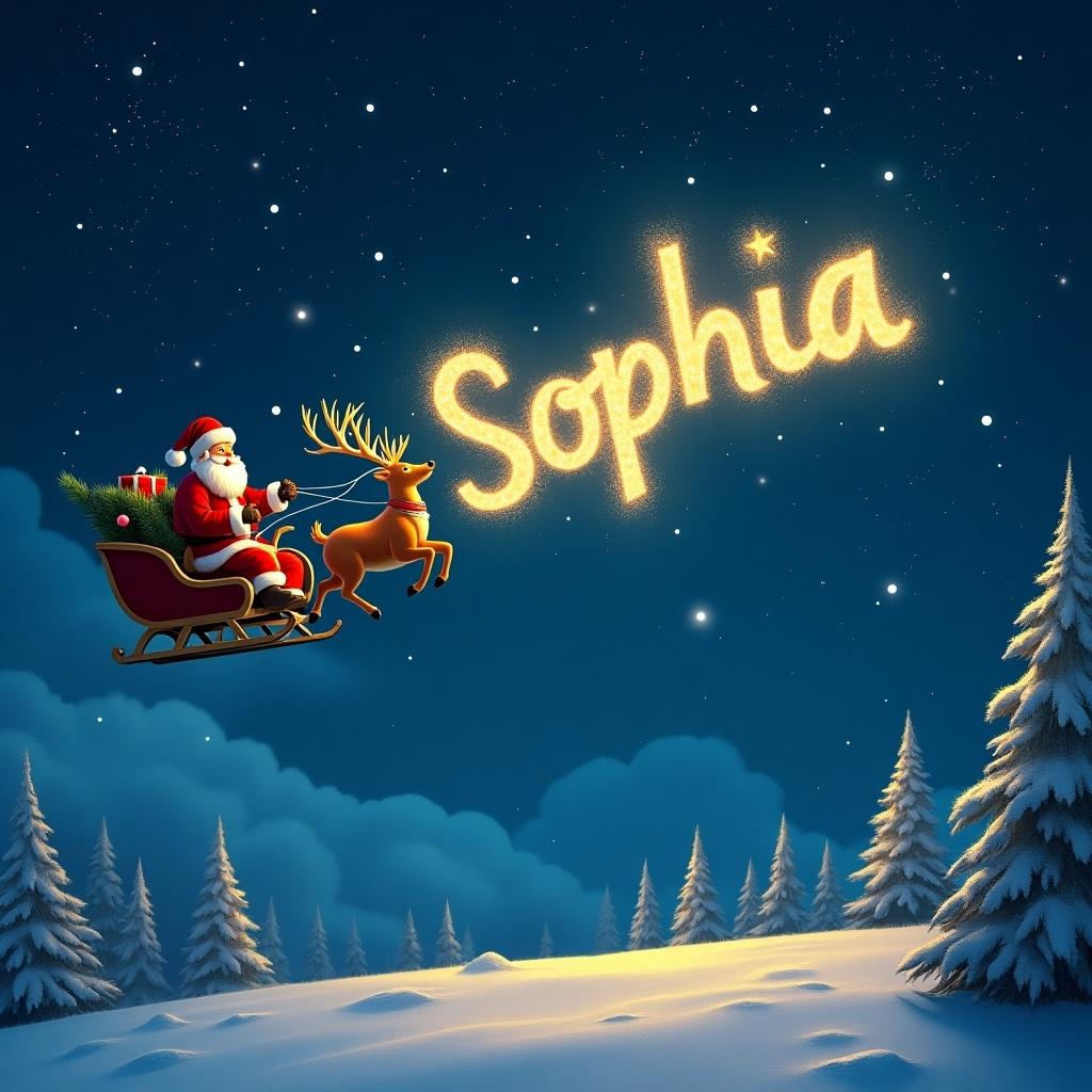 Santa flying with a reindeer in the night sky. Name 'Sophia' drawn in sparkling letters above. Winter landscape with snow-covered trees.