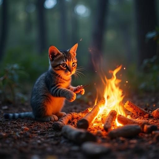 A young cat near a warm campfire in the wilderness. Cat appears curious and engaged. Surroundings include trees and natural elements. Focus on the cat's interaction with the fire.