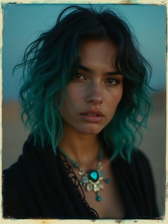 Backlit photo of a woman in the desert at night. She has black and turquoise hair. Wearing a black shawl. Turquoise light surrounds her. Beautiful gemstone necklace adorns her neck. Perfect smile and turquoise eyes.
