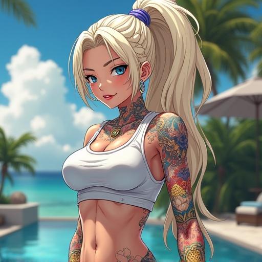 Futuristic anime woman with blue eyes. She features a light blonde braided ponytail. She wears streetwear and has colorful traditional tattoos. The setting is a luxurious mega mansion in Miami. It is noon and summer. She has a happy expression and is an A-list celebrity.