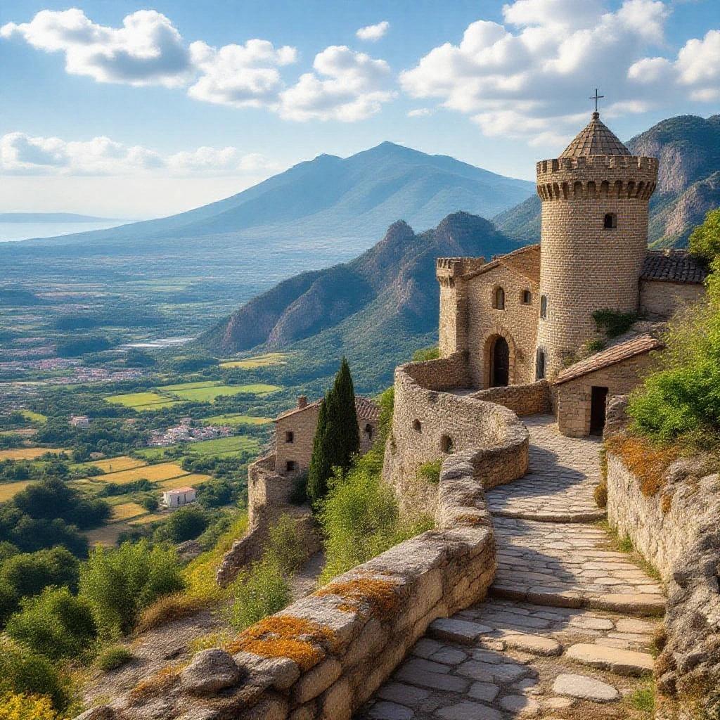 Medieval castle in Erice, Sicily overlooking a valley with mountains in the background. Stone pathway leading to the castle. Clear blue sky and natural landscapes.