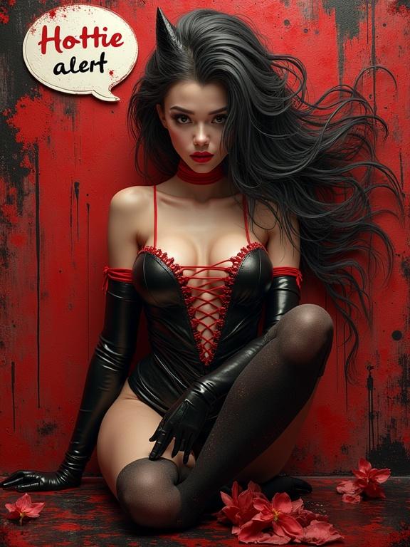 A model with long hair in a black catsuit and red strings poses dramatically against a red background. A speech bubble says Hottie alert. The scene features luxurious elements and textured details.