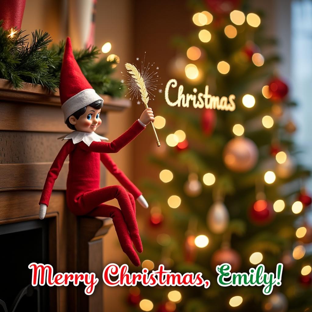 Cheerful Christmas card design with mischievous elves on a mantle. An elf holds a golden quill writing Merry Christmas. A glowing fireplace and decorated Christmas tree are present. Words Merry Christmas, Emily appear in playful lettering.