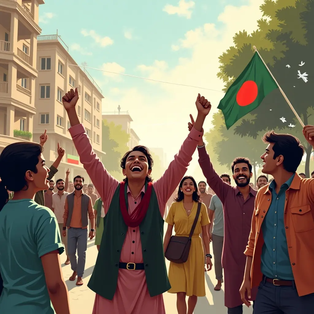 People celebrating in the streets of Bangladesh on December 16, 1971. The scene captures a joyful atmosphere with individuals raising their hands and holding a flag. The clothing reflects the era's style. The setting includes buildings and trees, indicating a lively environment.