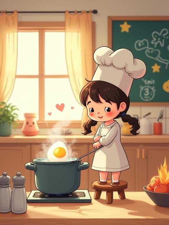 Cartoon illustration of a curious girl with pigtails and a big chef hat. She stands on a stool watching an egg boil in a pot. The cozy kitchen has sunlit details like heart-shaped steam, a cheerful salt shaker, and a smiling sun-shaped fire. The egg has a faint blush. Style uses soft pastel colors and exaggerated proportions, evoking a nostalgic cooking lesson vibe. A chalkboard displays doodles and a three-minute timer.