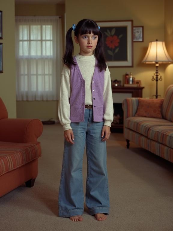 Scene from a vintage movie set in a retro living room. Teenage girl stands on carpet looking to the left. She has black pigtails and freckles. Wearing a white sweater and lilac vest. Long flared bellbottom jeans cover her bare feet.