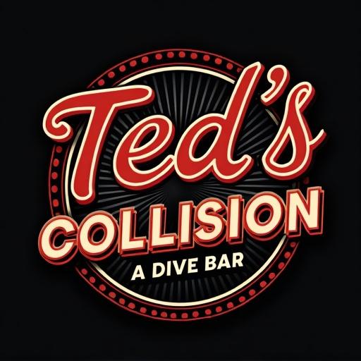 Logo for a dive bar named Ted's Collision in Toronto. Emphasizes vibrant colors and retro style. Includes playful elements to attract customers. Designed for neon sign look.