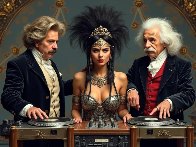 A scene showing a trio of characters resembling Beethoven Cleopatra and Einstein set up as DJs with music equipment. Hyperrealistic art style. Dramatic costumes and expressions.