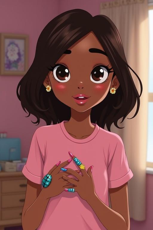 A girl with dark brown hair and mixed skin tone. She wears a light pink t-shirt and has long decorative nails. The background shows a clean girl’s room. The style resembles Disney animation.