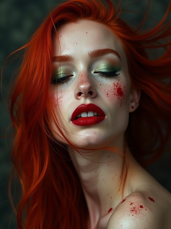 A woman with long red hair and dramatic makeup poses against a dark background. Hair flows outward like wind. Eyes closed with a serene expression. Pale skin enhances contrast. Features bold red lipstick and light green eyeshadow. Background has dark textures with red splatters.