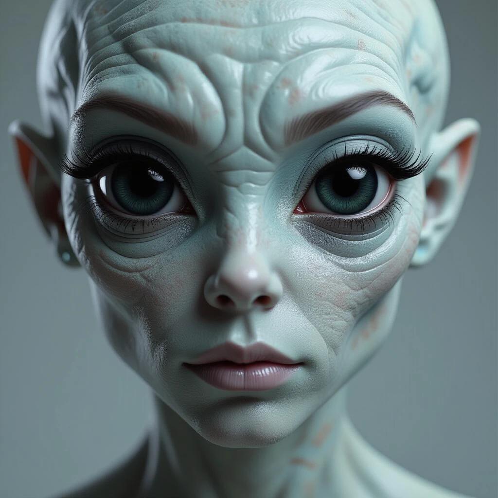 A close-up of an alien with metallic gray skin and large black eyes. The character has a smooth bald head and delicate features.