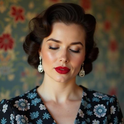 Portrait of a woman with vintage style. She has a 1950's hairstyle with curls. Makeup features long eyelashes and red lips. Wearing a floral black and blue dress. Long diamond earrings are visible. Background has floral wallpaper. Expression is serene with closed eyes and a slight smile.