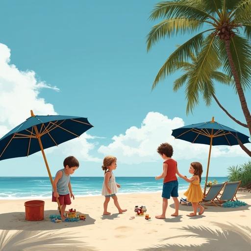 Children play on the beach. Dark blue and gold umbrellas provide shade. Children's toys scattered in the sand. Palm trees line the beach.
