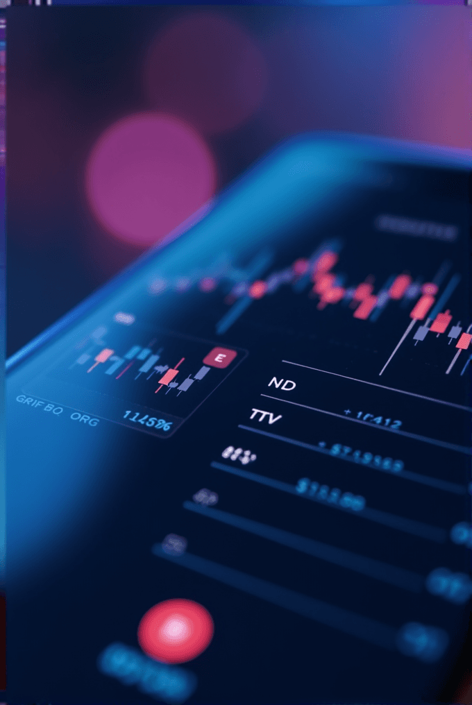 A close-up view of a digital device showing a stock market interface with candlestick charts and trading information displayed.