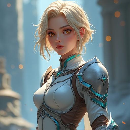 Full body portrait of a female hunter in a fantasy setting. Features blonde hair and golden eyes. Wears light armor with silver and blue accents. Shows calm yet ready demeanor. Athletic and graceful body. Soft lighting with dynamic composition. Includes fantasy background with ruins or glowing forest. Anime-realism style and ultra detailed.
