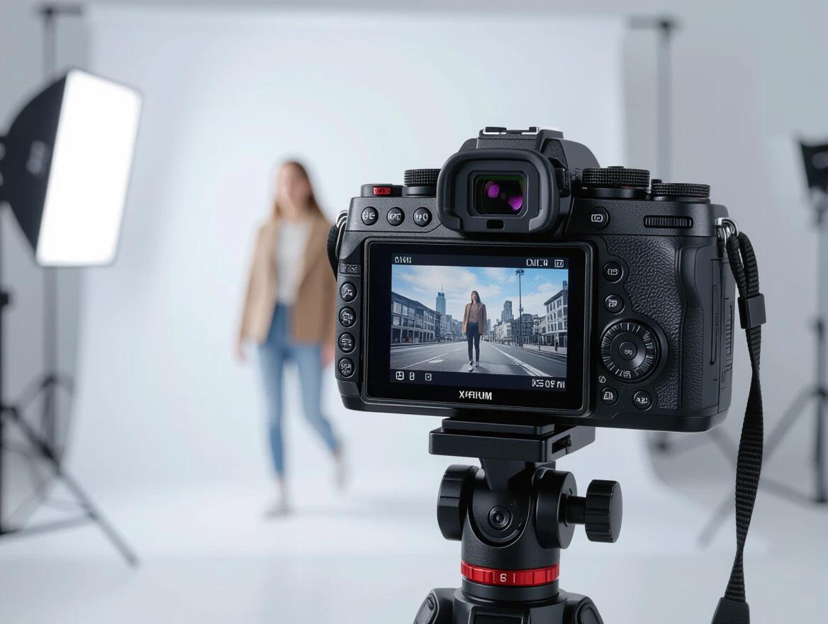 A close-up view of a high-end Fujifilm X-H2S camera on a tripod. The camera displays an image of a person walking on its LCD screen. The background is a plain white backdrop. The camera features are highlighted.