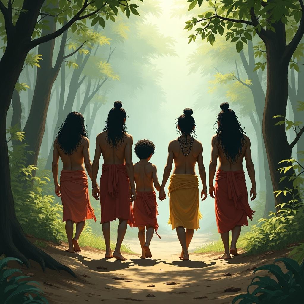 Five figures symbolizing the Pandavas walking through a forest. They appear lost and weary. The sunlight breaks through the trees. They seek food and water. The surrounding nature is lush and vibrant.