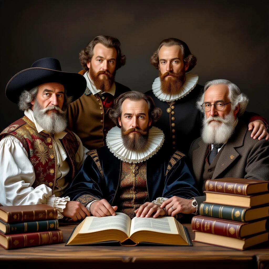 Image displays a group of historical literary figures gathered around an open book. Classic literature titles visible include Don Quijote, Shakespeare, Dostoevsky, Homer, Borges, and Kafka. The setting is a warm, inviting atmosphere with rich colors and a central focus on literature.