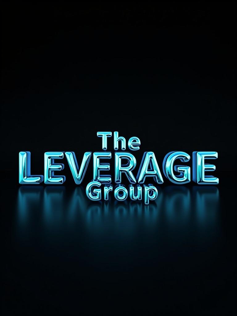 3D chrome letters form the words The Leverage Group. Letters are shiny reflecting blue teal light. Black background enhances the blue teal color.