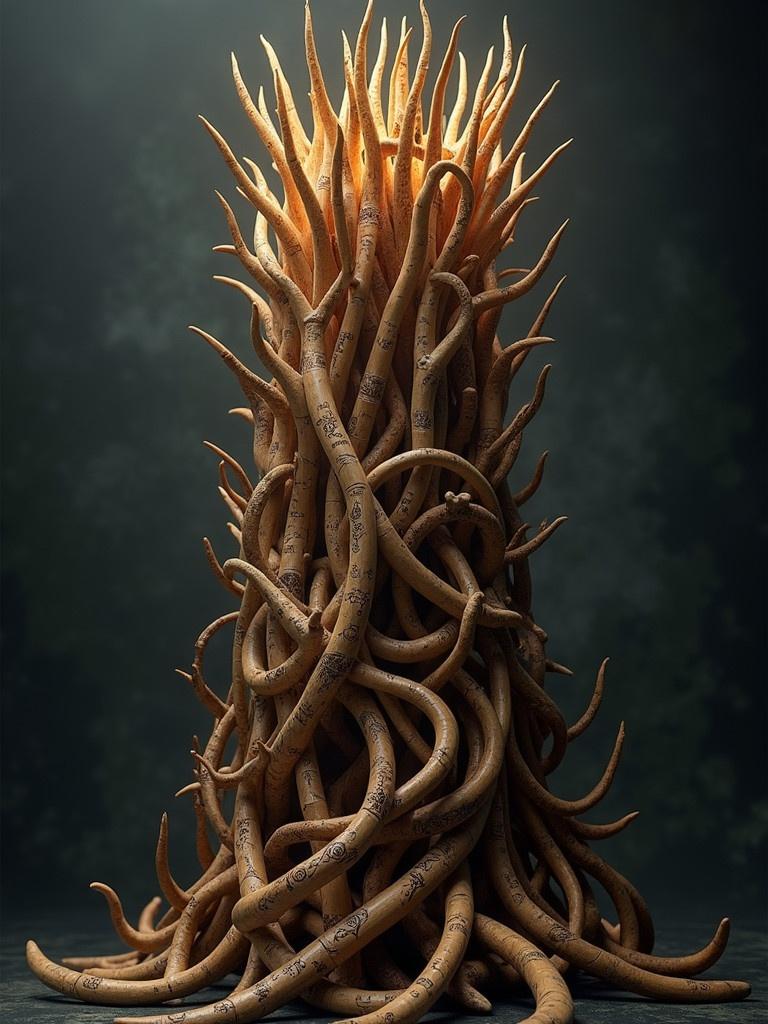 A towering crown made of spiraling wands. Each wand is unique in wood type and texture. Wands are polished and etched with glowing runes. Structure rises in a vortex-like shape. Dark, moody background enhances the mystical aura.