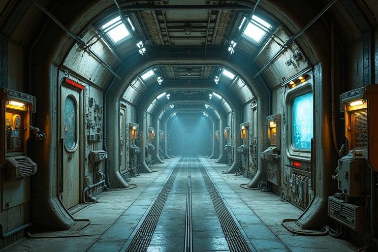 Ultra-realistic image of an aged spacecraft corridor with industrial architecture. Corridor is long and slightly curved with tall ceilings. Walls have faded control panels and exposed cabling. Metal-grated floor shows signs of wear with blue lighting strips. Steam drifts from vents, and humming sounds are implied. Flickering screens show unreadable data. Heavy blast door is partly open. Opposite has a viewing window showing stars, frost on glass. Loose wires and tools on the floor. Pipes run along the ceiling. Overall atmosphere is lonely and mechanical.