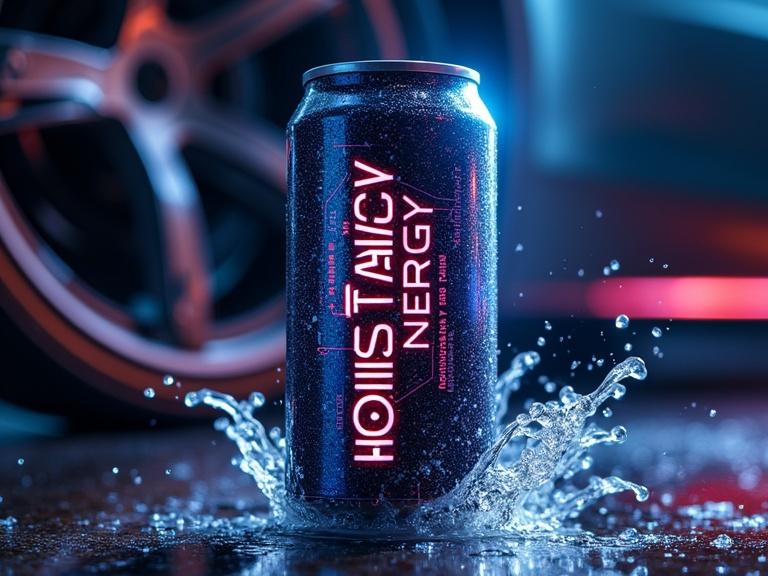 Sleek can of energy drink labeled KONSTANTIN ENERGY. Electric circuit design. Lightning splash around can. Close-up of show car wheel silhouette in background. Water droplets on can. Low angle view.