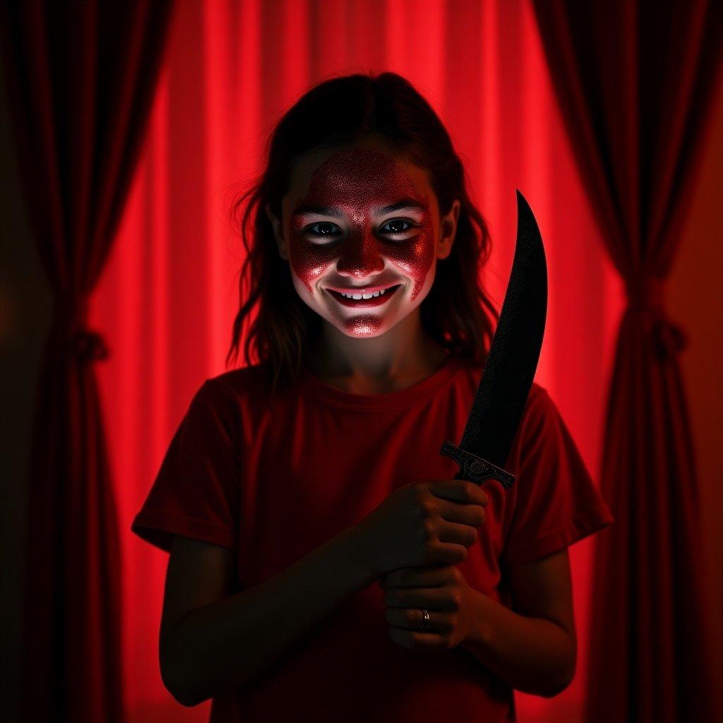 A young girl with a mysterious smile holds a dark, ornate knife. The setting features dramatic red lighting with curtains on both sides.