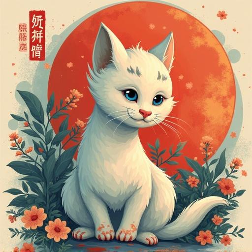 Create an illustration of a cute white cat with blue eyes sitting among flowers in a vibrant setting