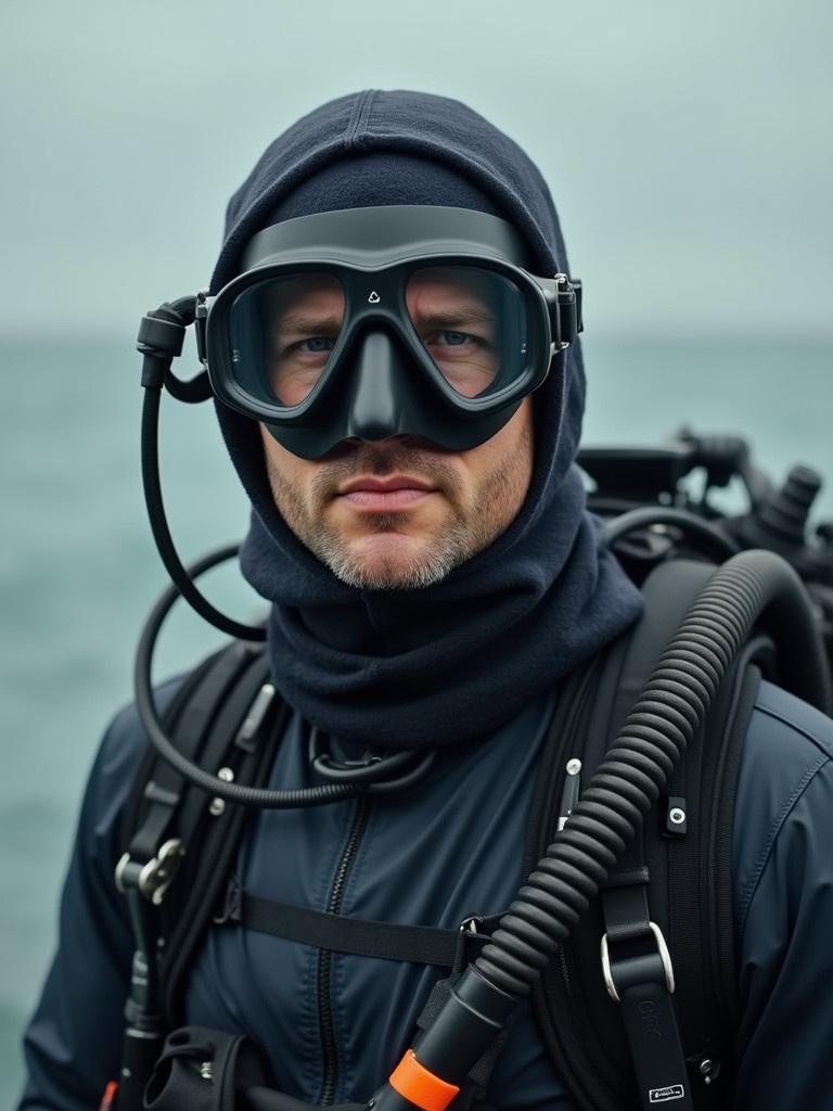 A man dressed in diving gear is standing in front of us. He is wearing a diving mask on his forehead.