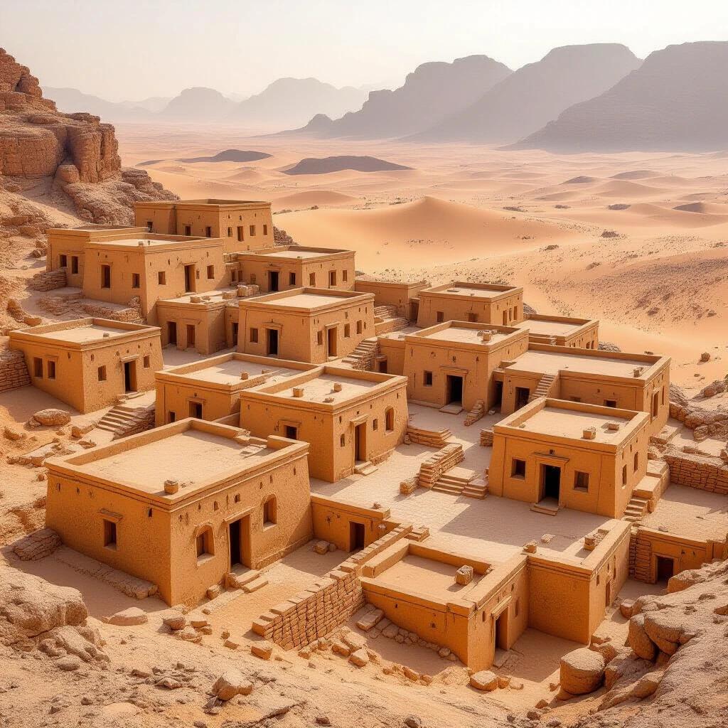 The image shows an ancient building complex in a desert. The style and structure have clear historical and regional characteristics. The buildings are multi-layered and arranged in an orderly fashion, showcasing unique architectural aesthetics. The light brown surface of the buildings blends with the surrounding desert, creating a desolate yet mysterious atmosphere.