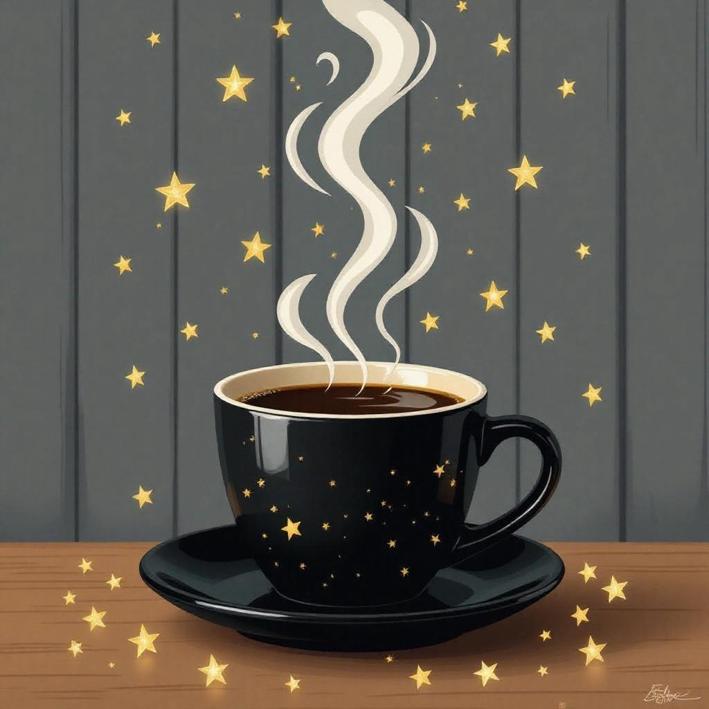 Digital artwork of a black ceramic coffee cup filled with steaming hot coffee. Wavy white steam curls upward. Golden-yellow stars float and scatter around the cup. Background features vertical muted gray wooden planks. Overall warm color palette.