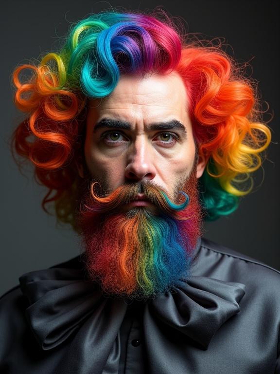 Portrait of a man with colorful hair and beard. The hair features bright rainbow stripes styled in curls. He has a long rainbow striped beard with a handlebar mustache. Makeup includes dark eyeshadow and lipgloss. He wears a shiny garment with a large bow.
