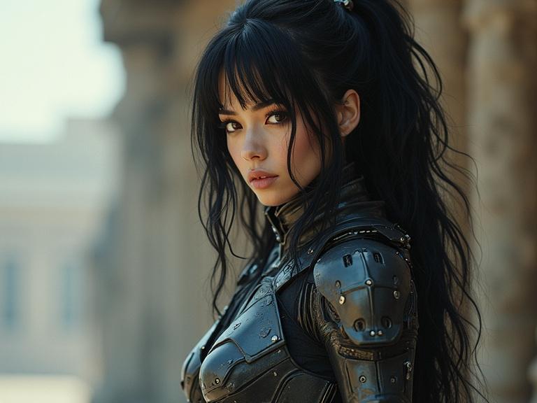A dark-haired woman wears an exotic futuristic power armor. The armor has a mechanical design and striking details. The setting appears to be a historical architecture, enhancing the character's formidable appearance.