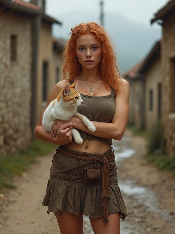 Young gypsy female wearing a worn thick yuta miniskirt. She stands barefoot in a 19th-century empty street. Dirt road with puddles and curvy houses. Ginger hair and freckles. Brown eyes. Holding young cat. Happiness and shyness evident in expression.