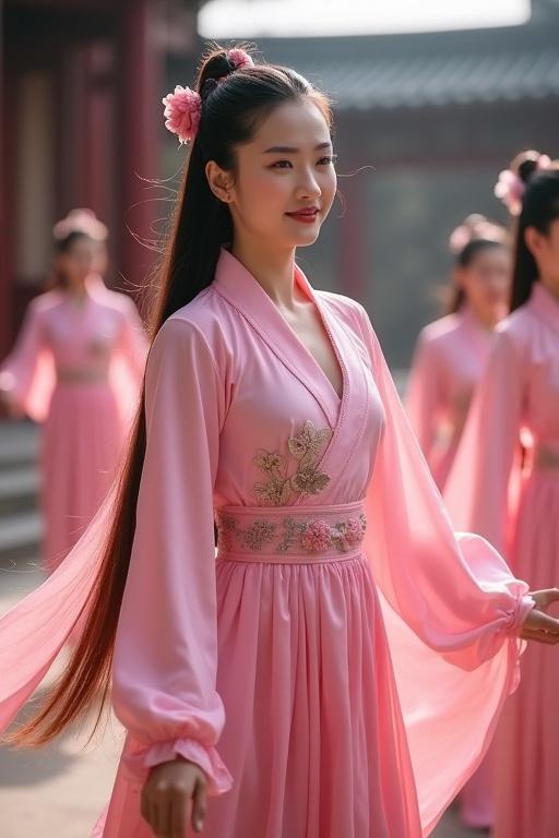 Attractive Chinese woman with long hair in pigtails wearing a pink silk hanfu dances. She is surrounded by women in similar outfits in a Chinese castle.