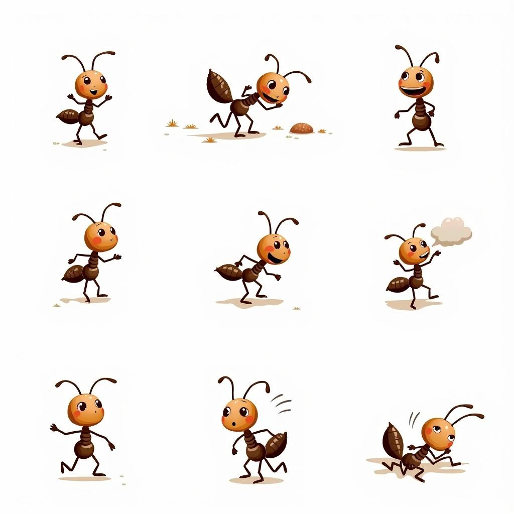 Series of hand-drawn style images showing a cute ant in various poses. Ant stands happily, walks, runs energetically, bends down fascinated, looks at the sky, looks right, sits, jumps, and lies on back. Expressions vary from laughter to upset and excitement. White background for emphasis.