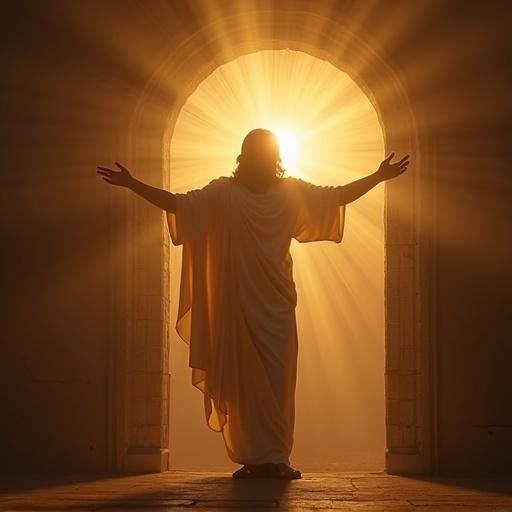 Image of Jesus Christ standing with arms outstretched surrounded by radiant, bright light in an archway