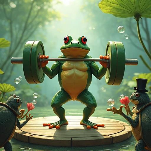 A muscular frog lifts weights made of lotus leaves in a gymnasium filled with aquatic plants. Small fish cheer by blowing bubbles. A turtle referee with a top hat holds a sign. The scene is lively and humorous with saturated colors.