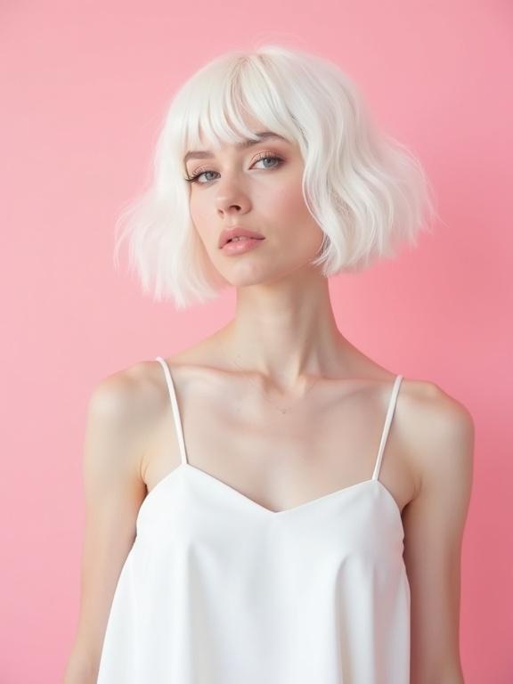 Model with short white bob hairstyle is wearing a white dress. The backdrop is pink. The model is looking directly at the camera.