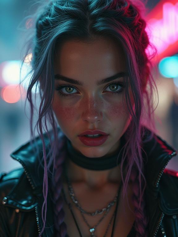 Full body portrait of a young android rock star in a cyberpunk atmosphere. She has gray hazel eyes and two-tone colorful braided hair. The girl appears rebellious, energetic, and charismatic. She wears a leather outfit detailed with intricate designs. Energetic lighting enhances her dominating presence. She holds an impressive rifle. Perfect anatomy with muscle implants is showcased. A cinematic angle captures the environment around her.