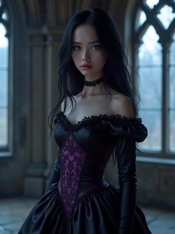 Photorealistic image of a beautiful girl with blue eyes and black hair. She wears a gothic black and dark purple dress. The setting is a moonlit castle with large windows. The quality is very high with intricate details and natural skin texture.